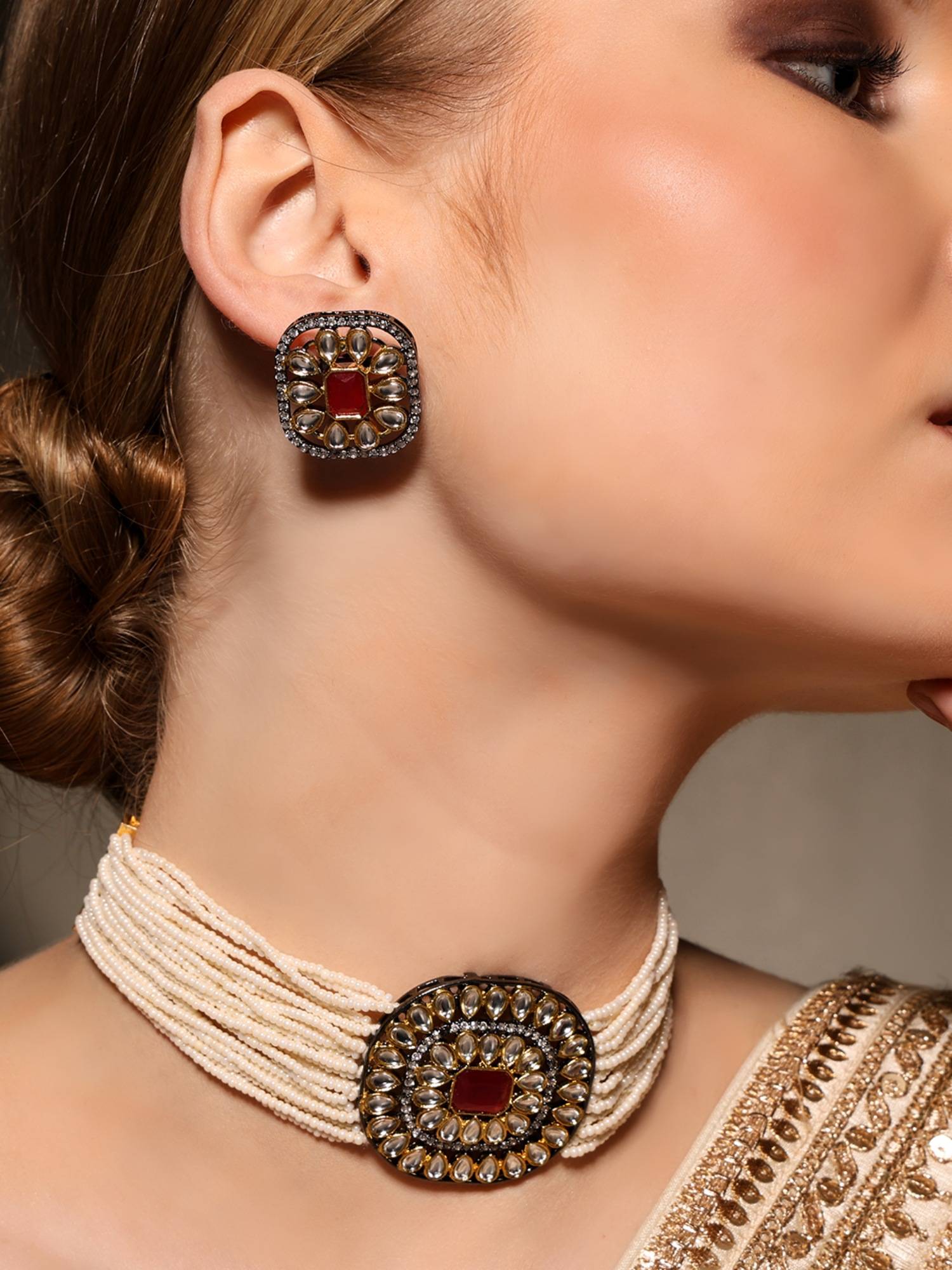 VENI 18K Gold-Plated Kundan-Studded and Beaded Jewellery Set