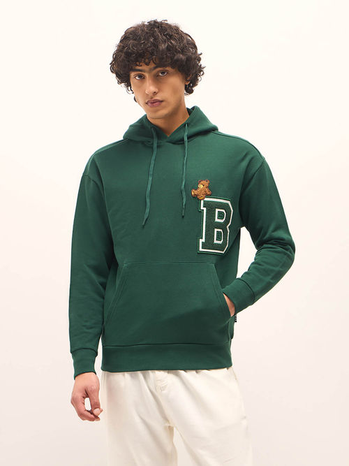 Buy THE BEAR HOUSE Green Solid Relaxed Fit Hoodie Online