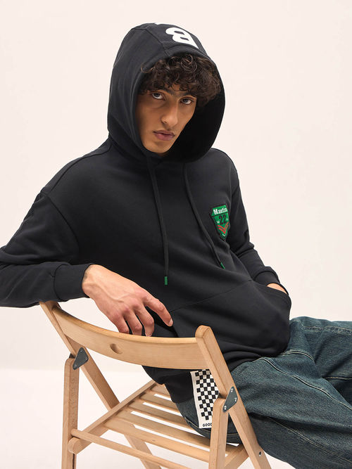 THE BEAR HOUSE Black Solid Relaxed Fit Hoodie