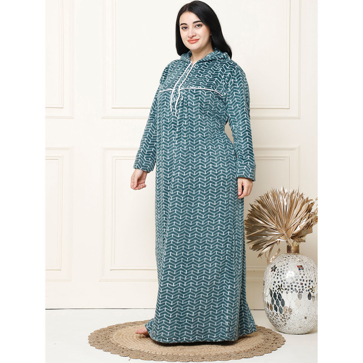 Buy Secret Wish Geometric Print Green Woolen Plus Size Nighty Full