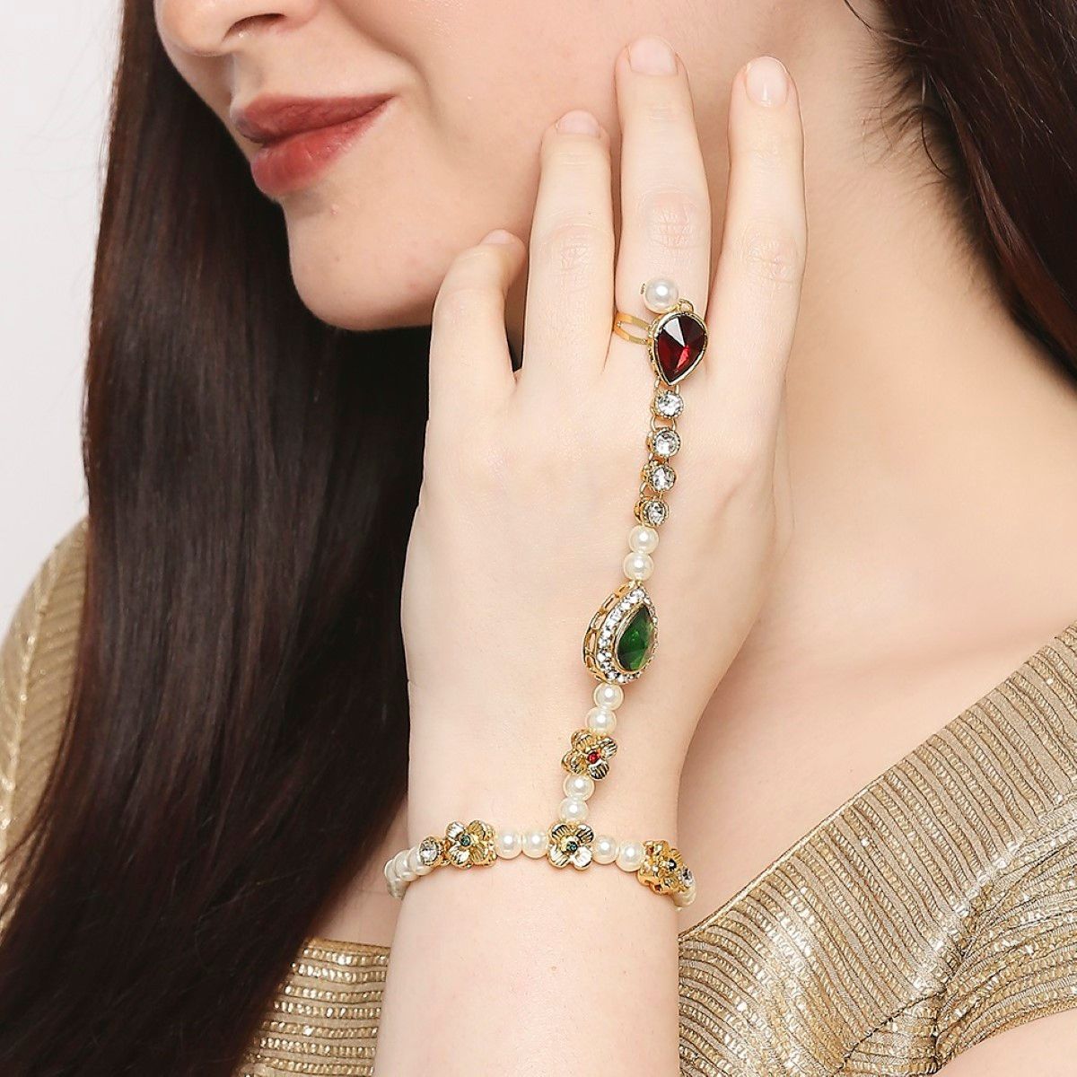 OOMPH Red & Green Stones & Kundan Ethnic Statement Bracelet with Ring