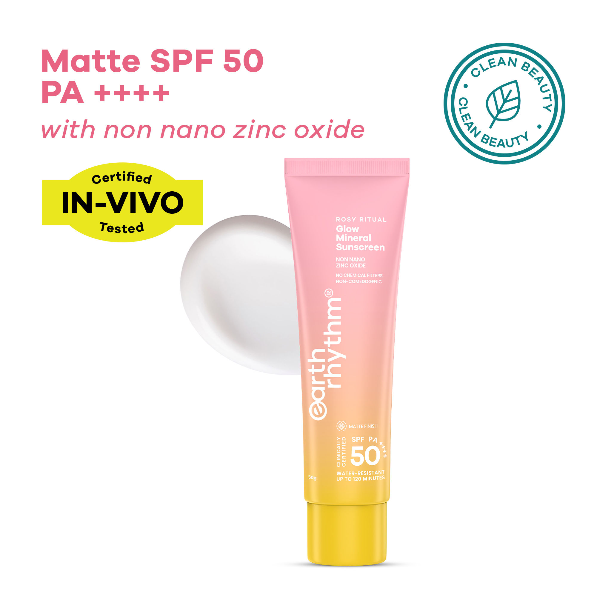 Earth Rhythm Rosy Ritual Glow Mineral Matte Sunscreen SPF 50 PA ++++ No White Cast, In Vivo Tested