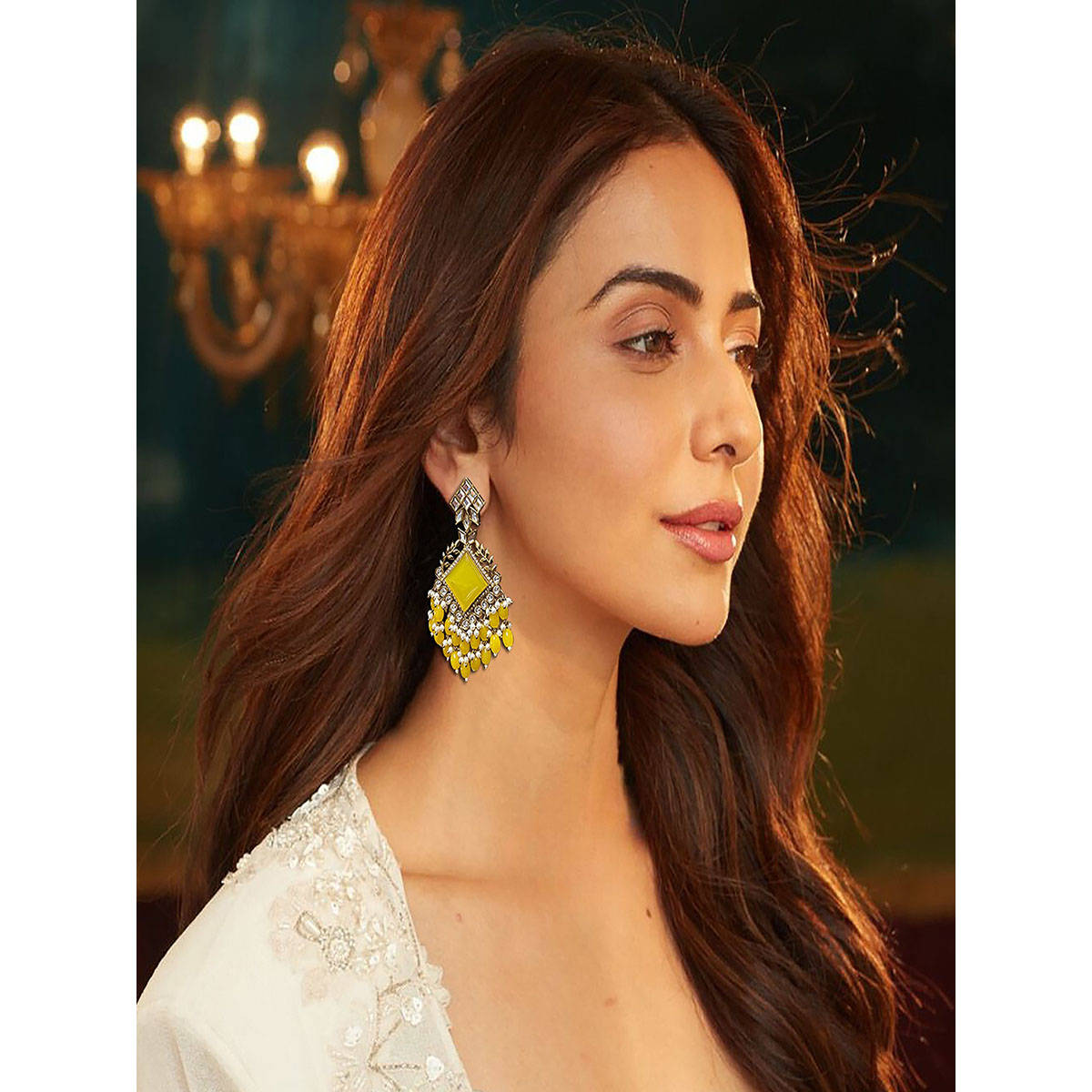 Accessher Gold-Tone Yellow Danglers with Faux Pearl-Ethnic Earrings