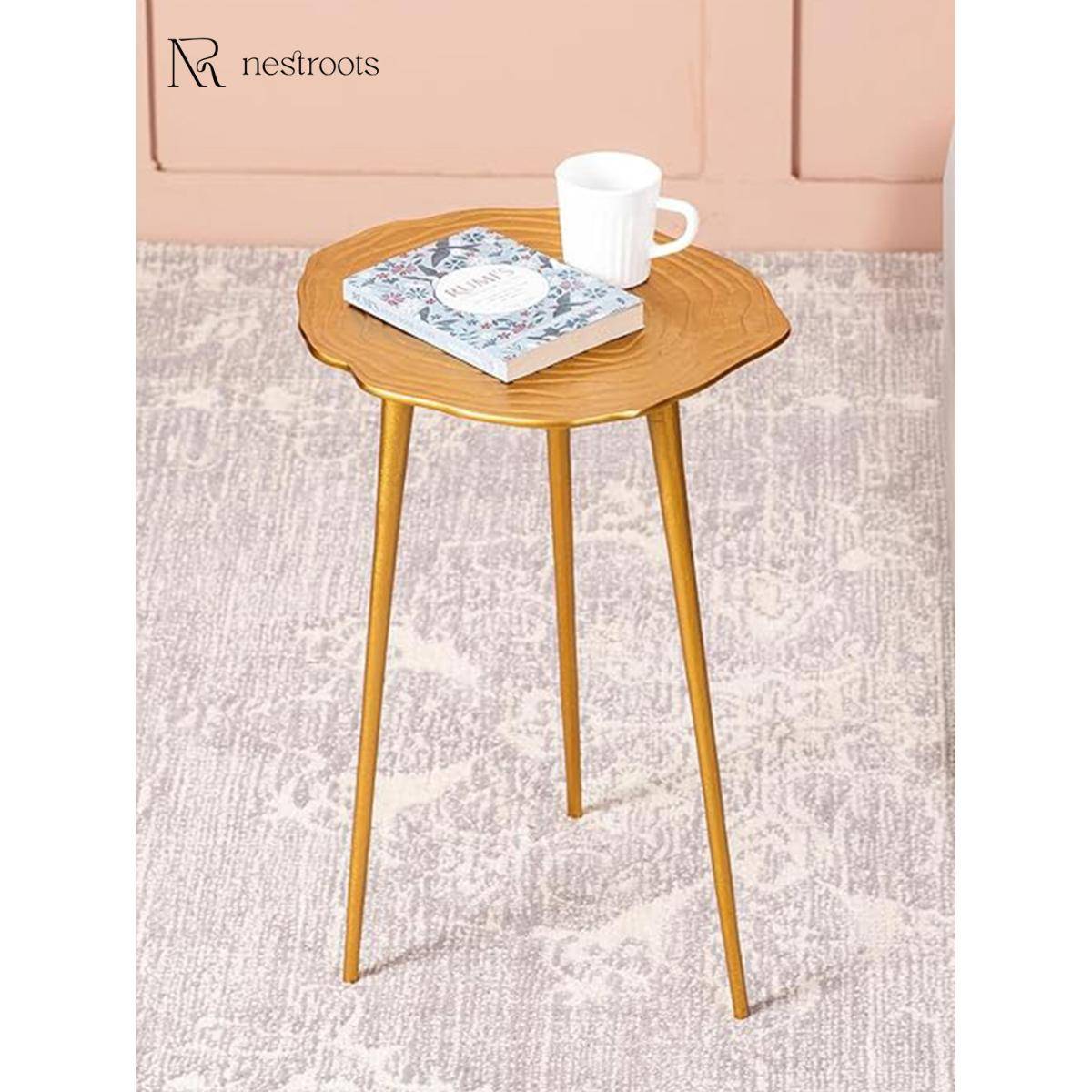 Nestroots Cosmo Aluminium Floral End Table in Gold Color