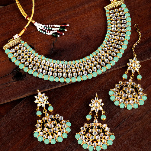 Peora Traditional Pearl Kundan Choker Necklace Earring Maang Tikka  Jewellery Set (PF24N12846MNT)