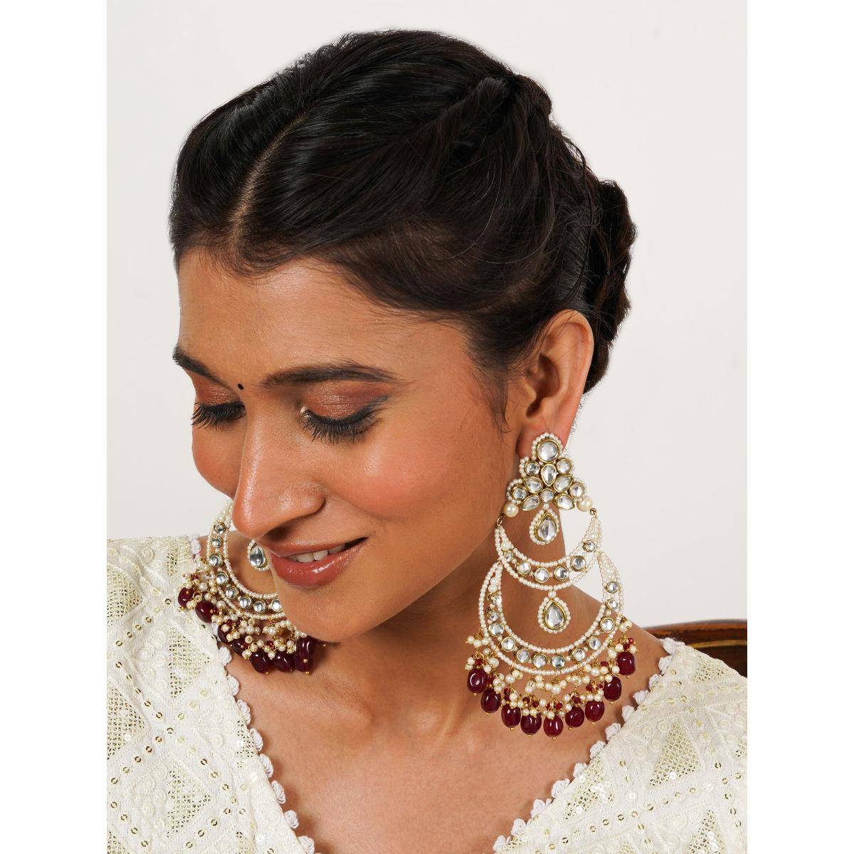 BeAbhika Royal Kundan Chand Bali Earrings with Pearls and Maroon Semi Precious Stones