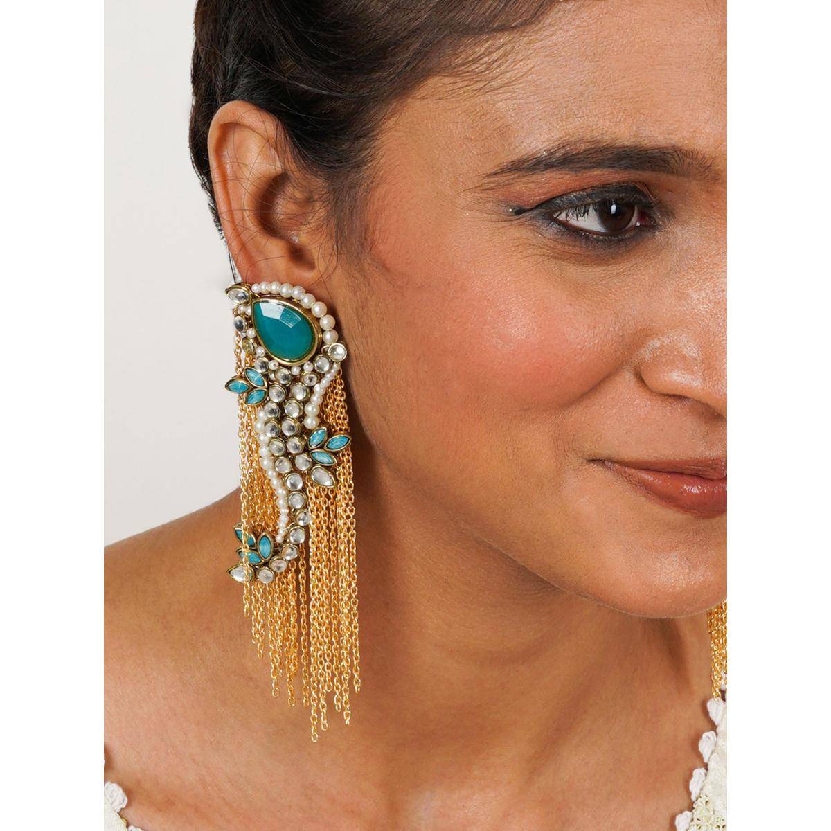 BeAbhika Kundan Peacock Inspired Earrings with Gold Chains and Turquoise Stones