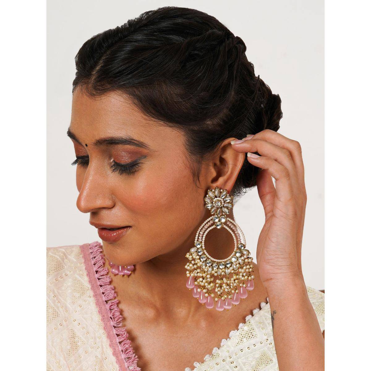 BeAbhika Rose Pink Crystal Kundan Chand Bali Earrings with Pearls