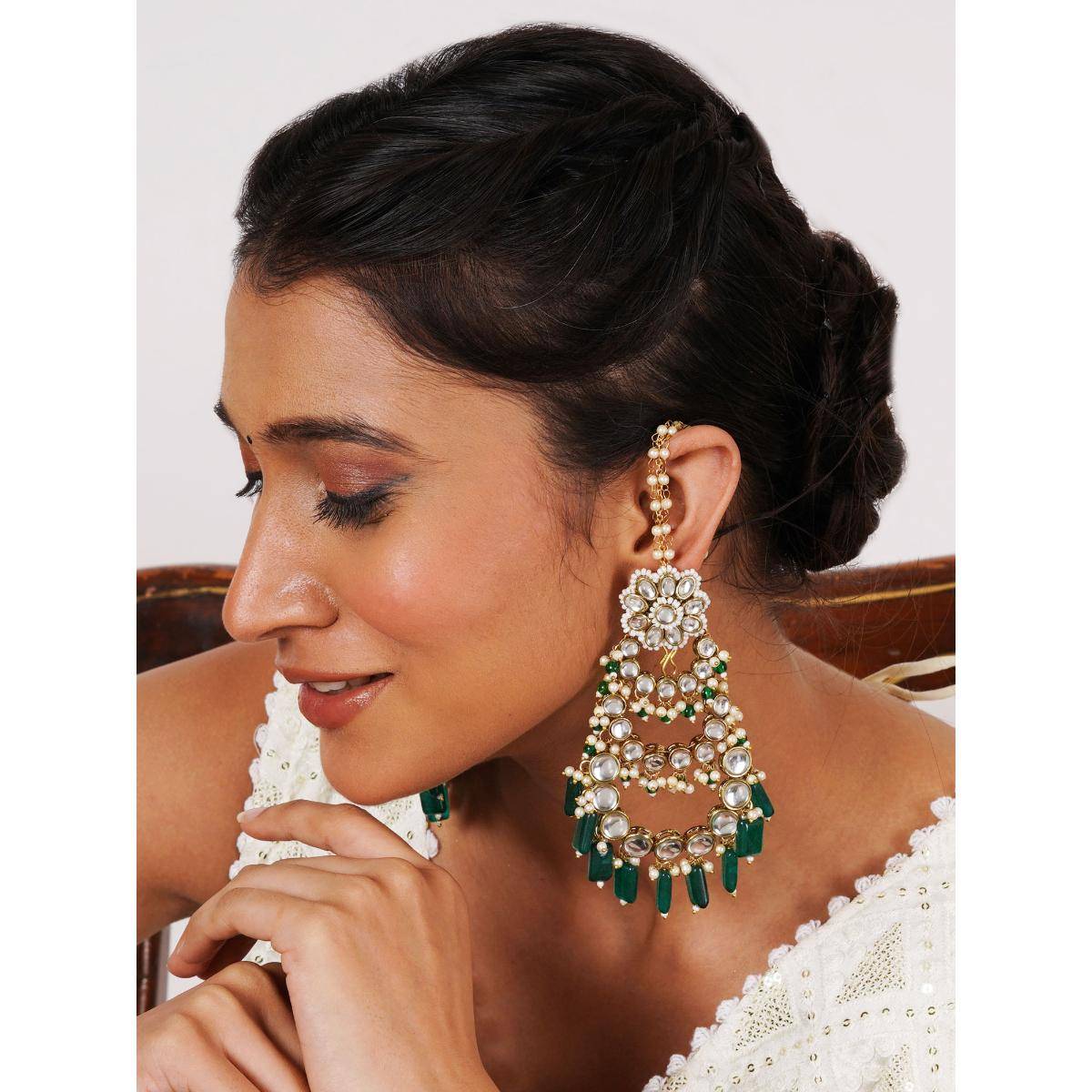 BeAbhika Traditional Kundan Chandelier Earrings with Green Stones