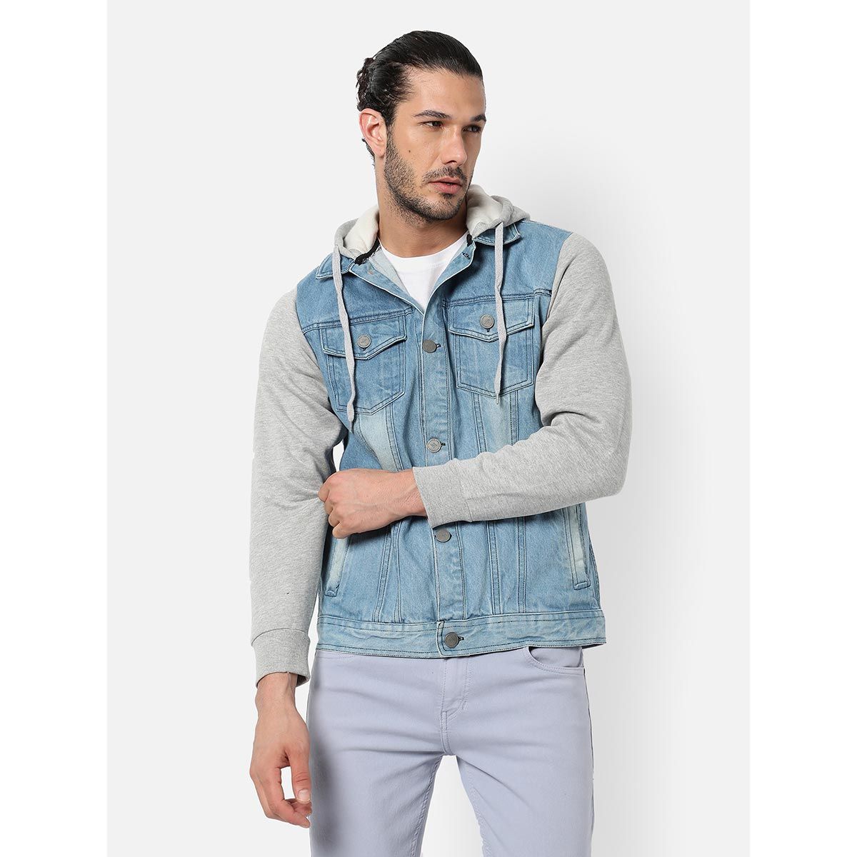 Campus Sutra Men's Light-Washed Blue & Grey Regular Fit Denim Jacket for  Winter Wear |