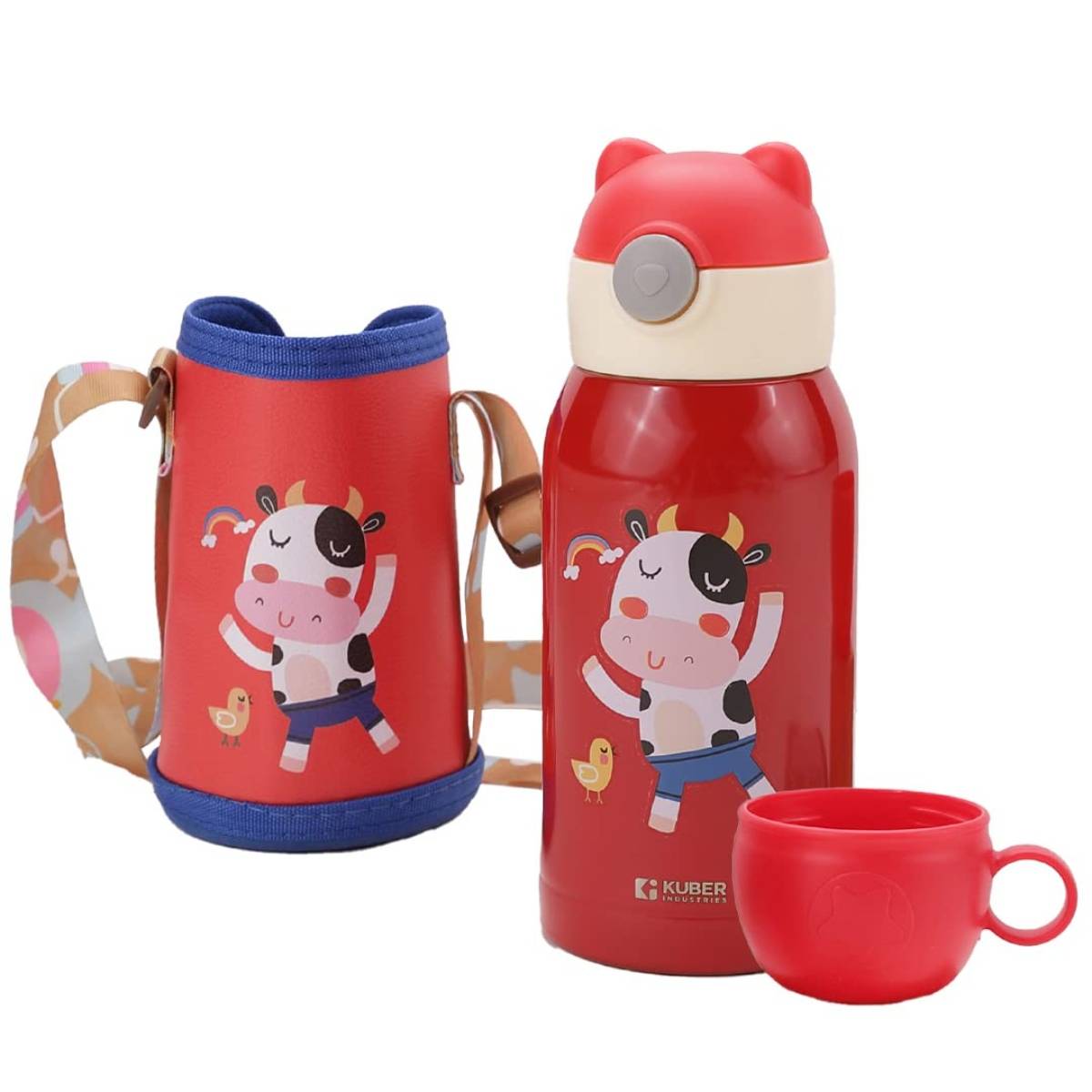 Kuber Industries Mooh Design Stainless Steel Flask with Straw, Cup & Fabric Cover 500 ml