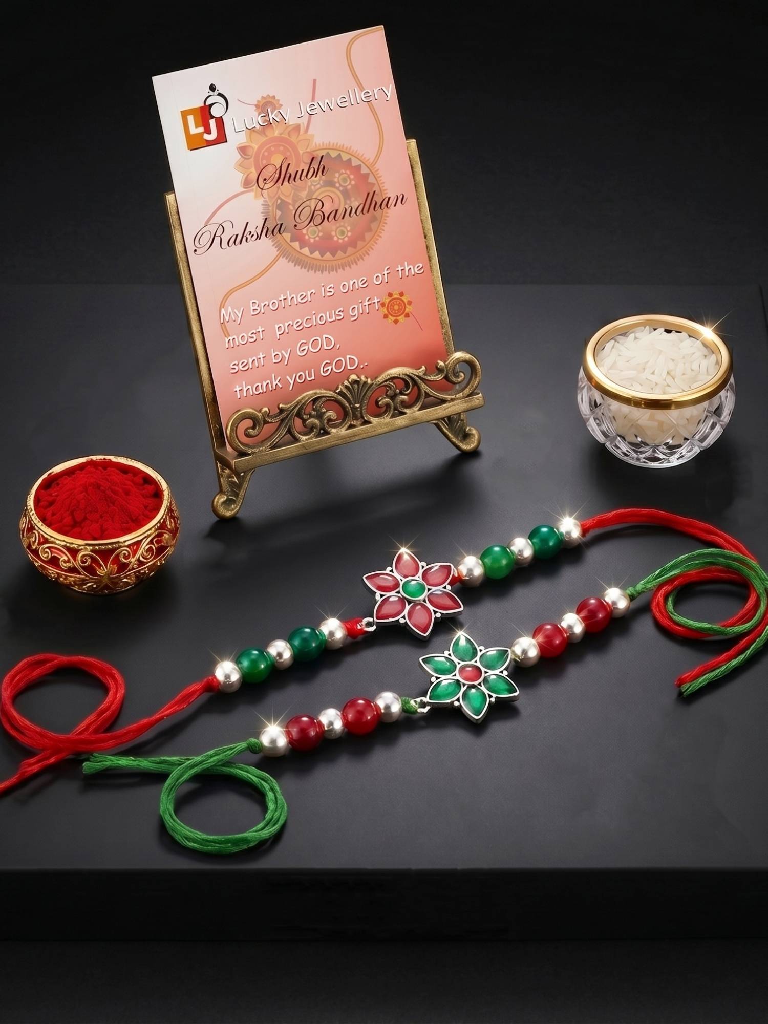 LUCKY JEWELLERY Floral Maroon Green Beads Rakhi for Brother, Roli Chawal (Pack of 2)