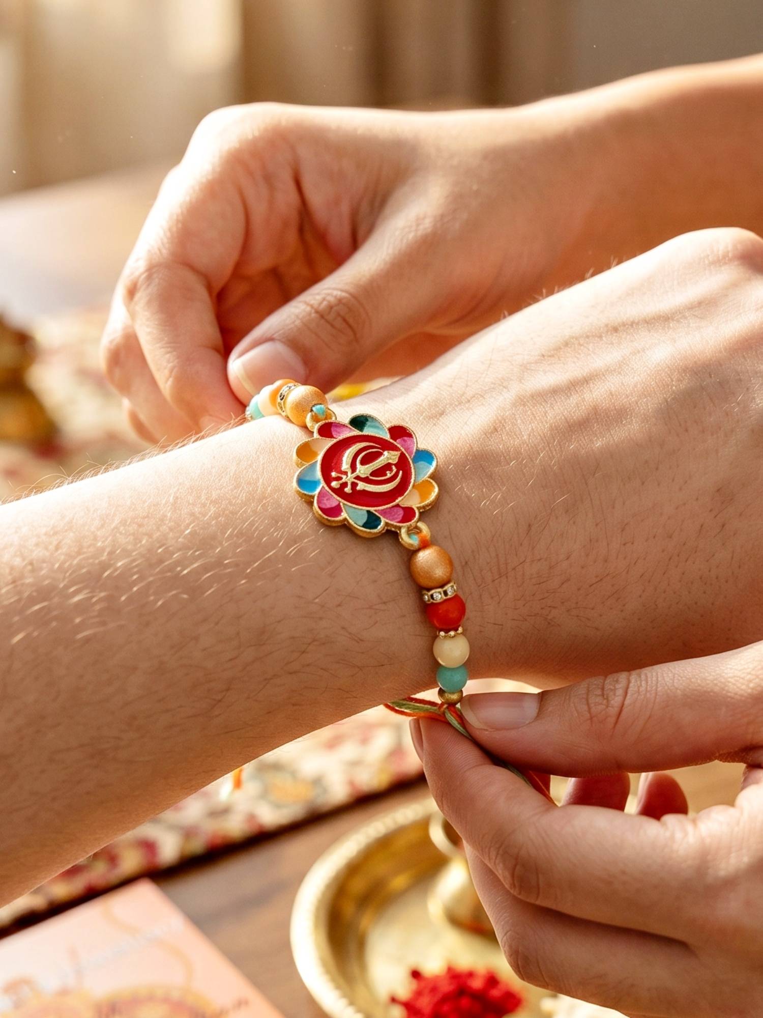 LUCKY JEWELLERY Khanda Sahib Punjabi Sikh Symbol Beaded Rakhi for Brother With Roli Chawal and Card
