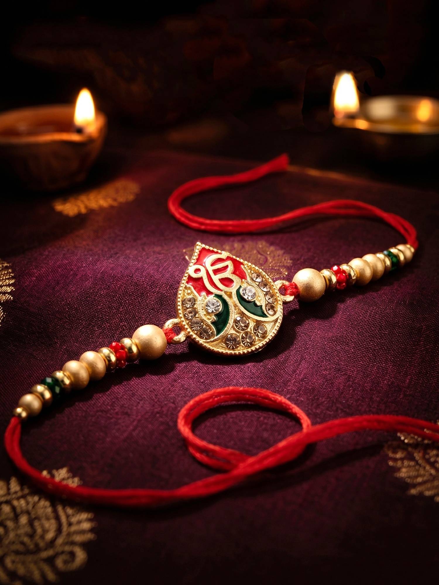 LUCKY JEWELLERY Ek Onkar Matte Gold Beaded Punjabi Sikh Rakhi Set For Brother Roli Chawal, Card