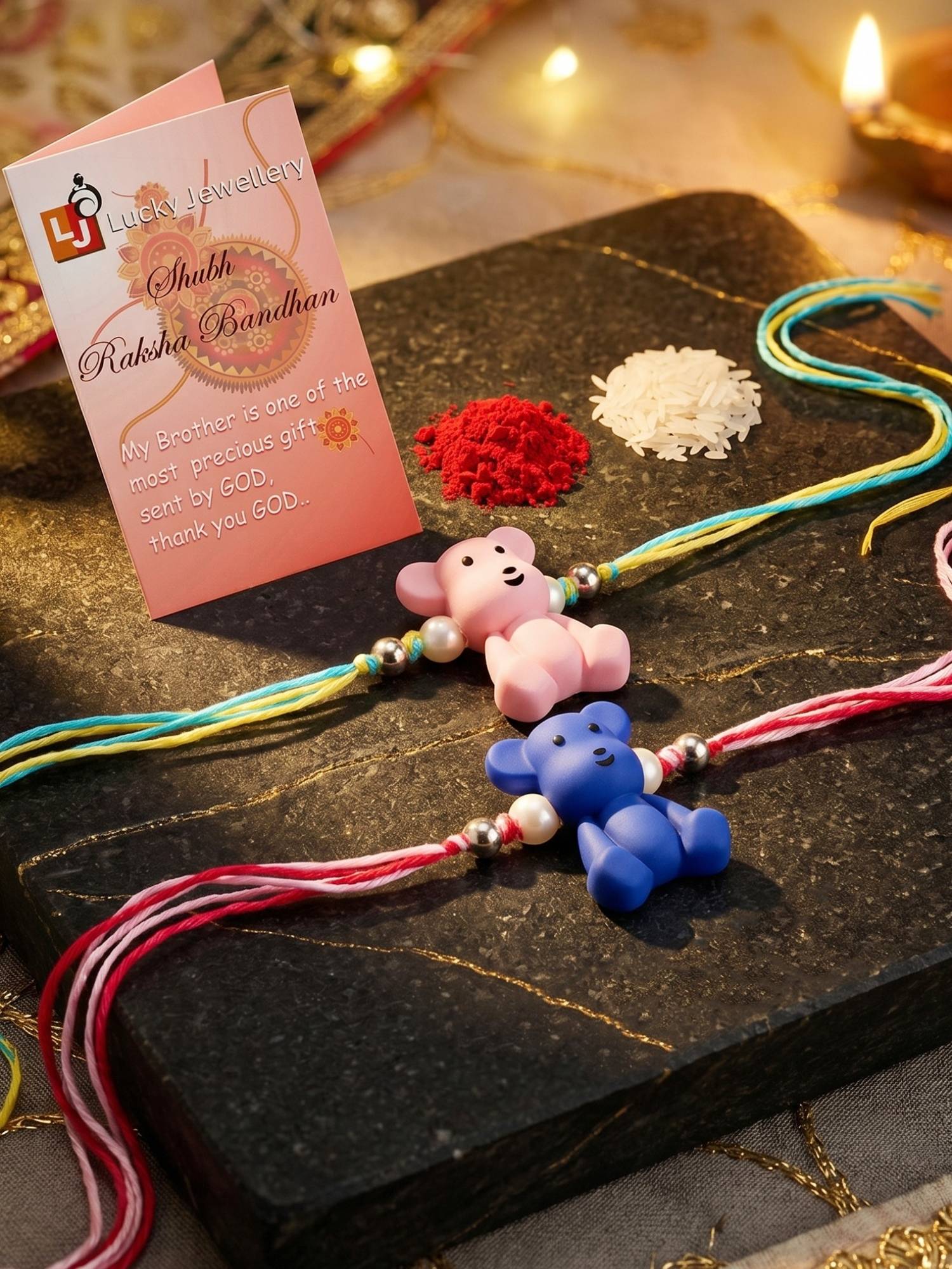 LUCKY JEWELLERY Cute Teddy Bear Pink Blue with White Beads Kids Rakhi (Pack of 2)