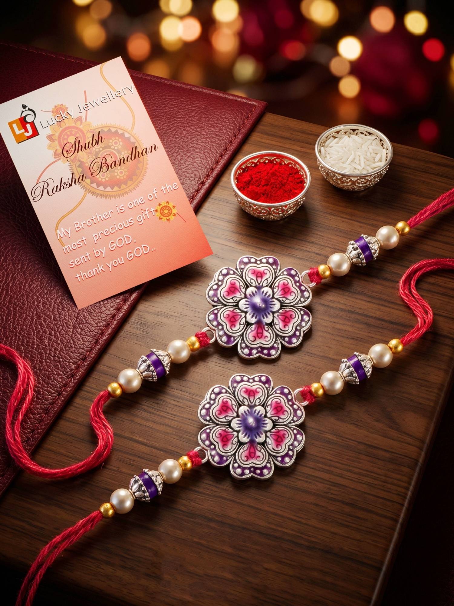 LUCKY JEWELLERY Magenta Floral Purple Accents Beads Rakhi, Roli Chawal (Pack of 2)