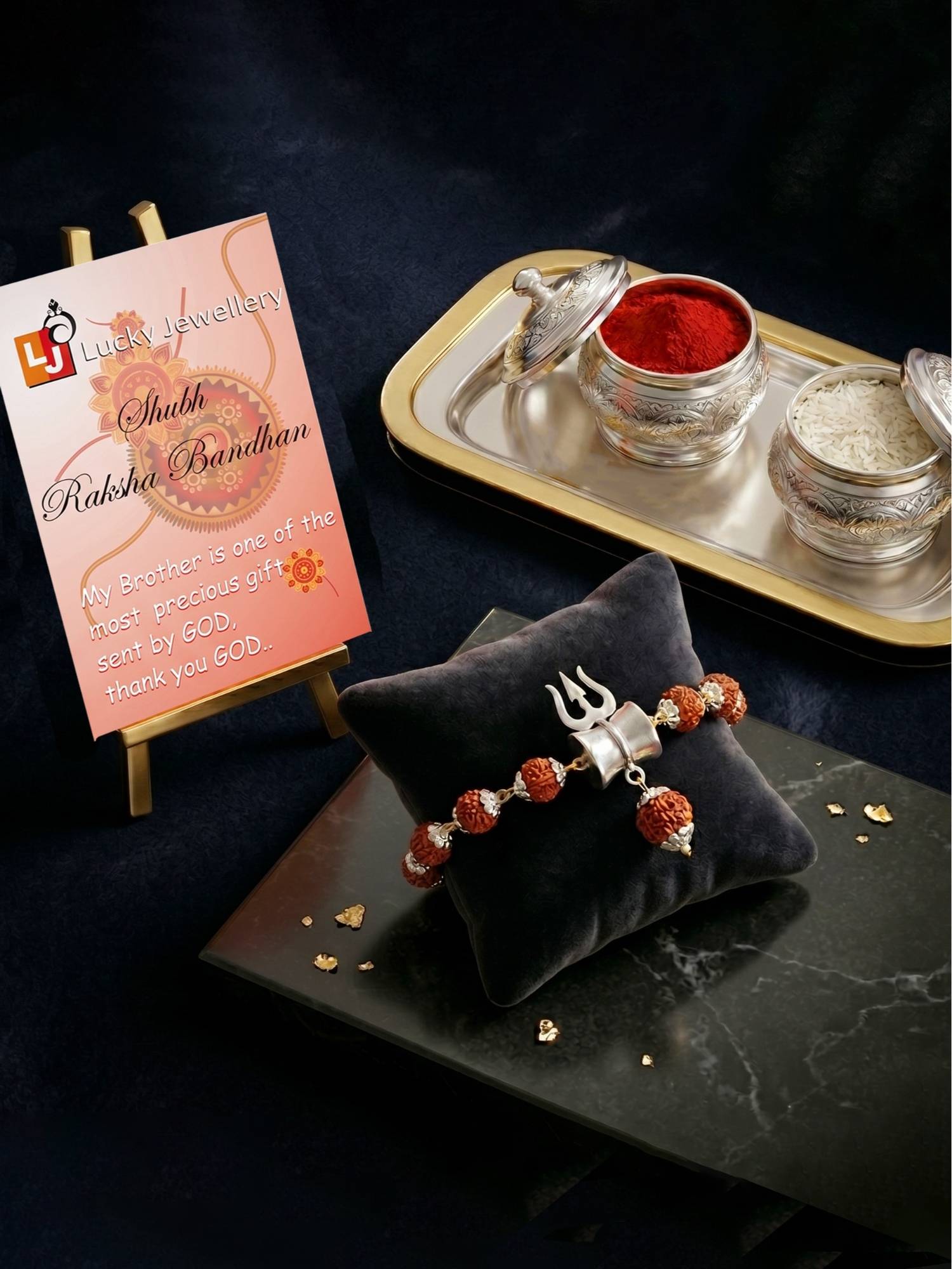 LUCKY JEWELLERY Spiritual Trishul Rudraksha Beads Rakhi Bracelet with Roli Chawal