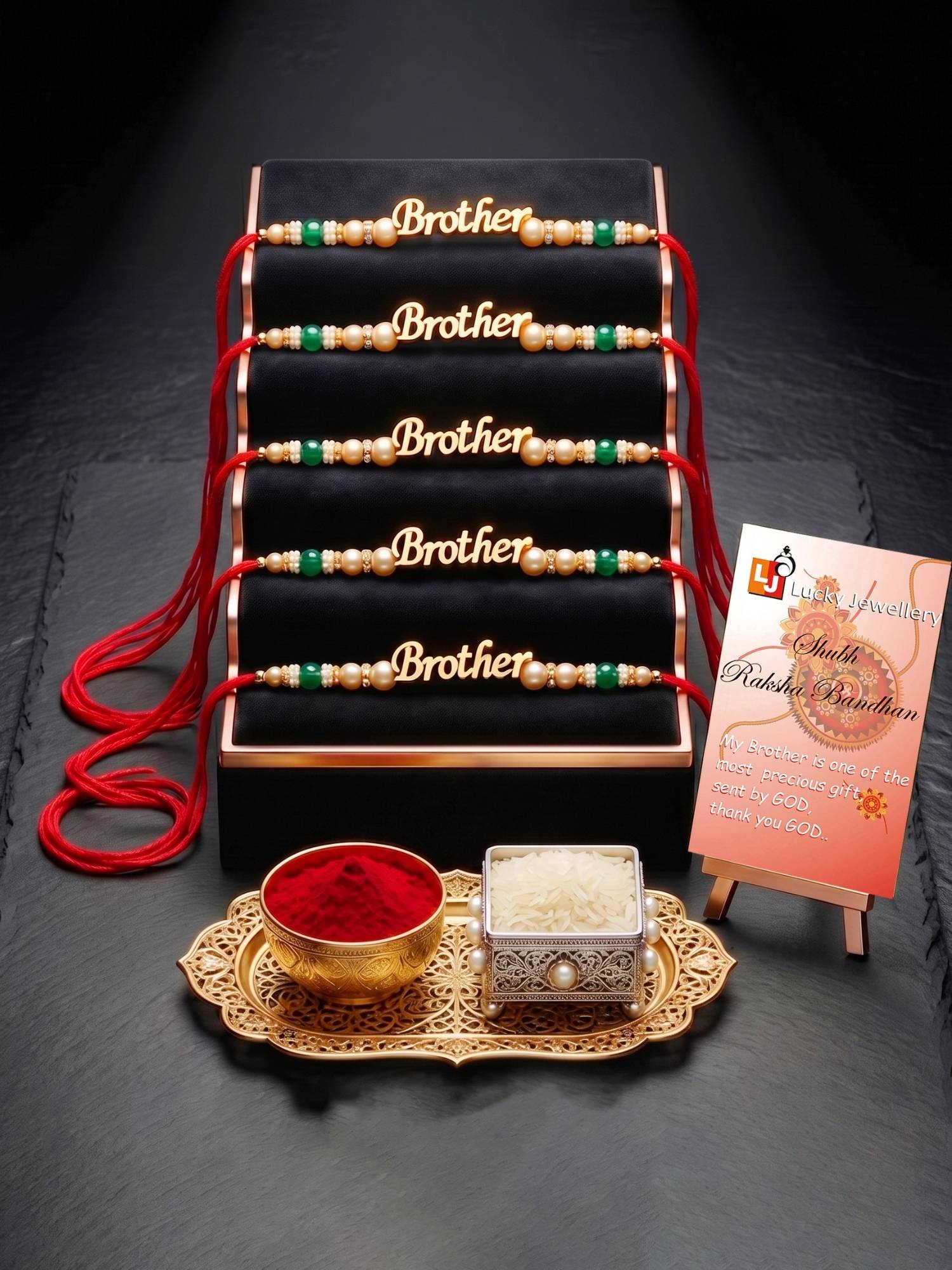 LUCKY JEWELLERY Brother Pendant Rakhi Green Smooth White Beads Roli Chawal (Pack of 5)