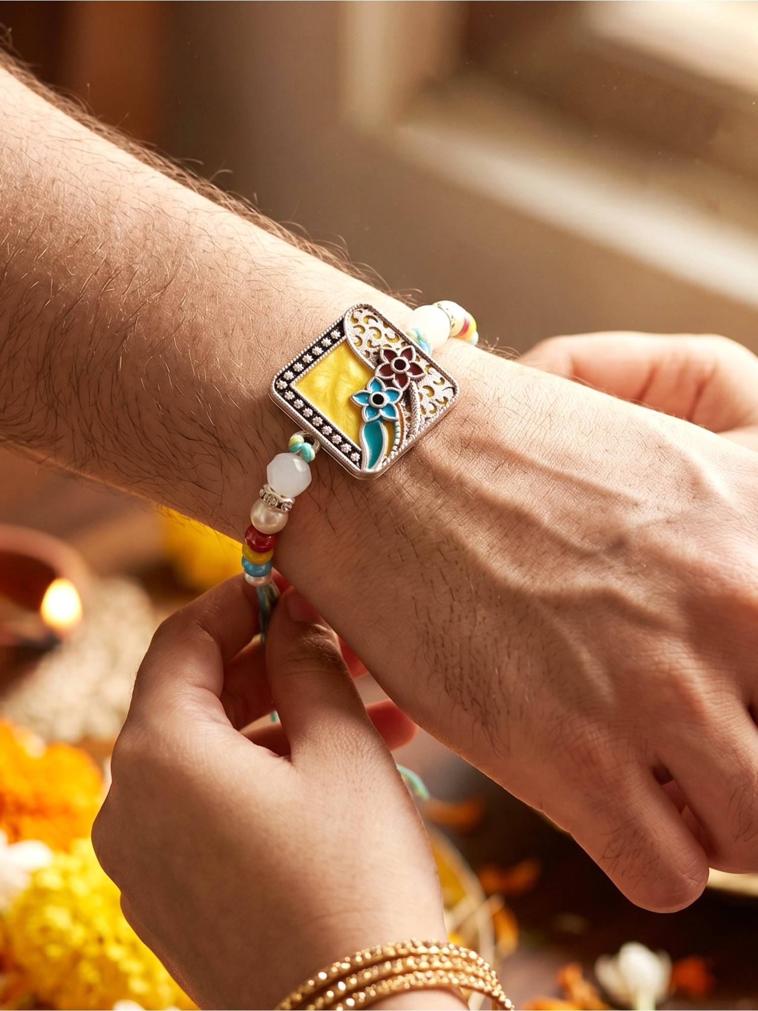LUCKY JEWELLERY Silver-Finish Square Yellow Meenakari Floral Rakhi For Brother