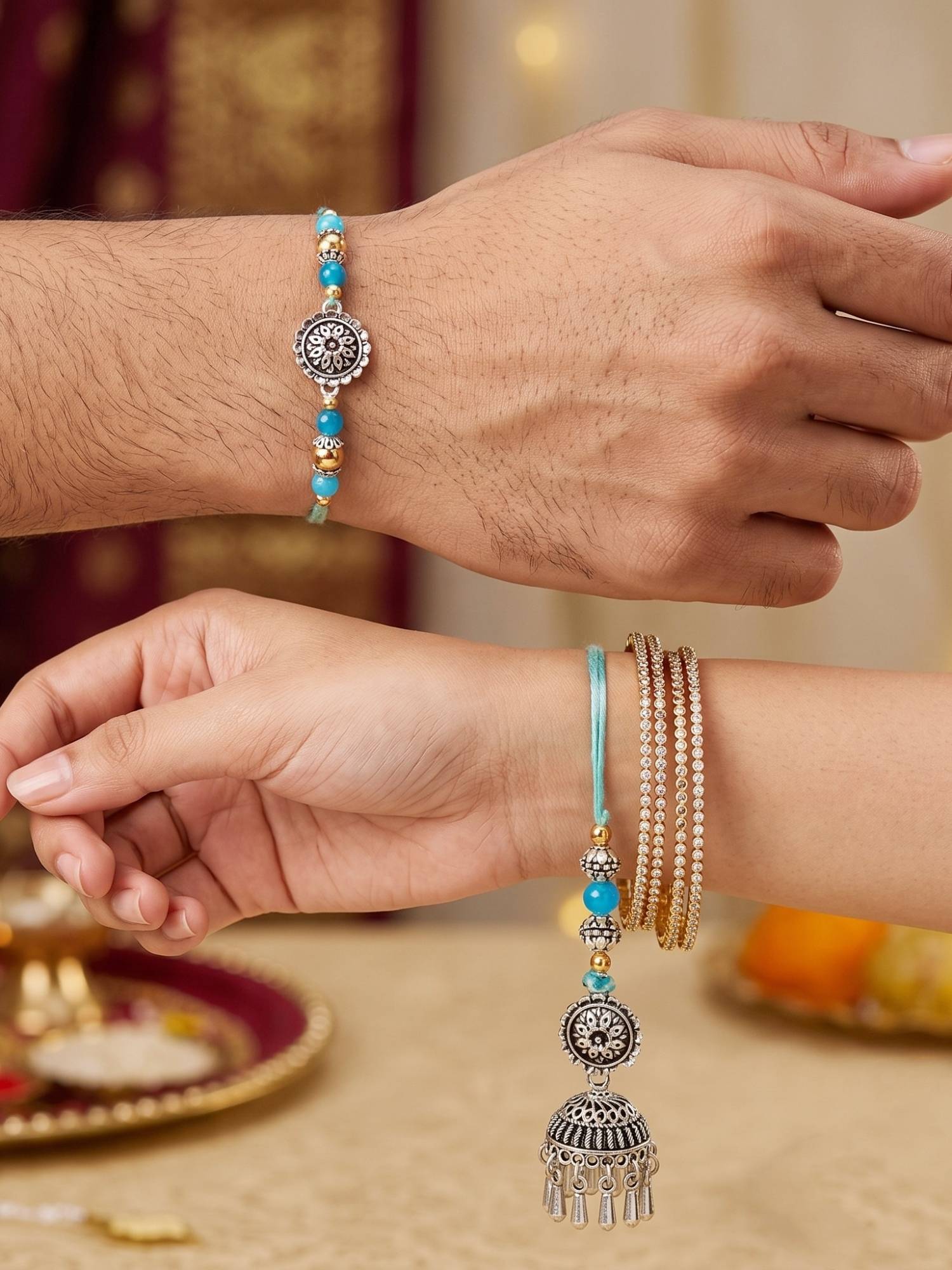 LUCKY JEWELLERY Bhaiya Bhabhi Floral Jhumka Lumba Rakhi with Roli Chawal (Pack of 2)