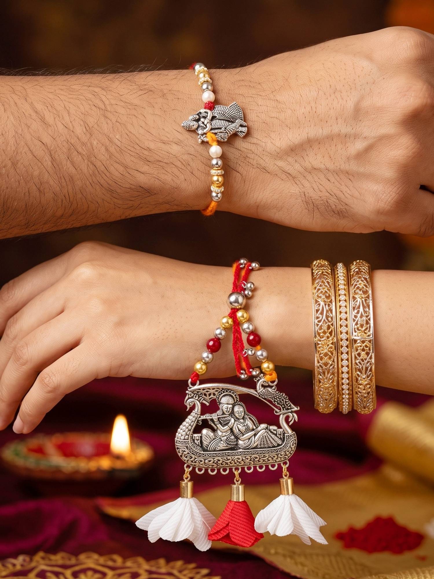 LUCKY JEWELLERY Bhaiya Bhabhi Radha Krishna Pendant Maroon Rakhi Set (Pack of 2)