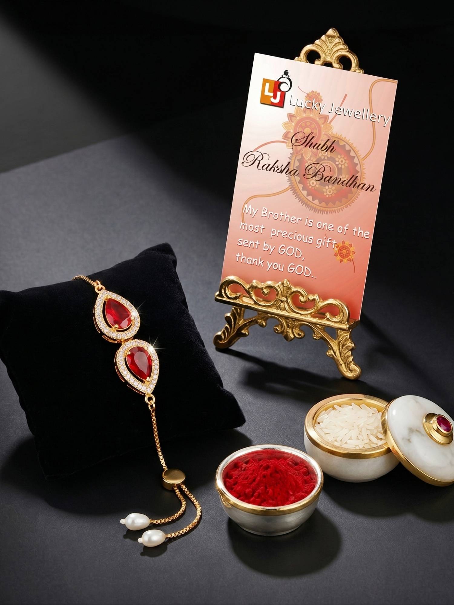 LUCKY JEWELLERY Adjustable Bracelet with Maroon Drop Ad Pendant, Rakhi, Roli Chawal