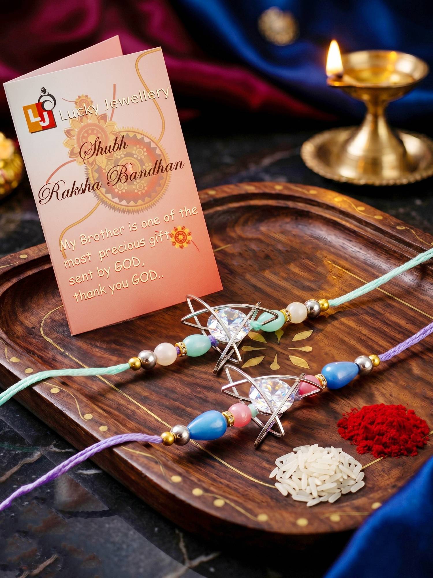 LUCKY JEWELLERY Silver Geometric Ad Pendant Pastel Beads Rakhi Roli Chawal (Pack of 2)