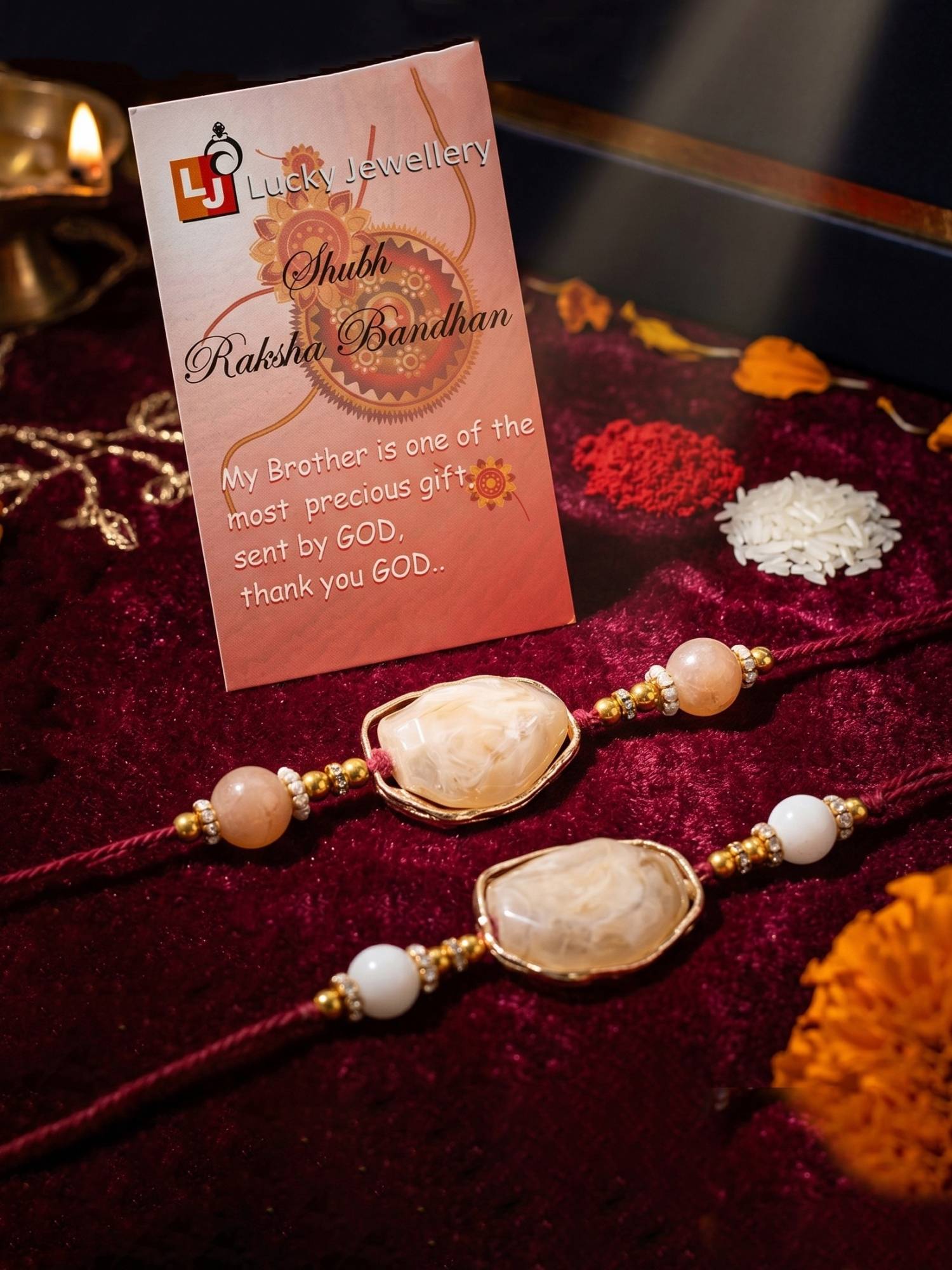 LUCKY JEWELLERY Designer Rakhi for Brothers Faux Stone Centrepiece Roli Chawal (Pack of 2)