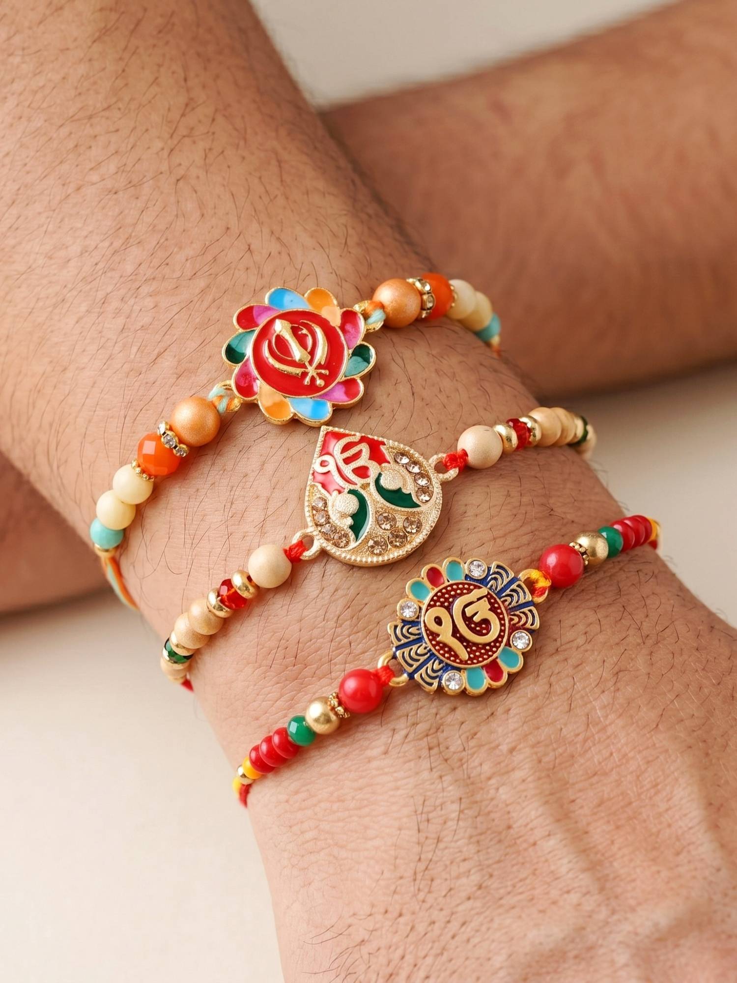 LUCKY JEWELLERY Ek Onkar Sikh Religious Rakhi for Brother with Roli, Chawal and Card (Pack of 3)