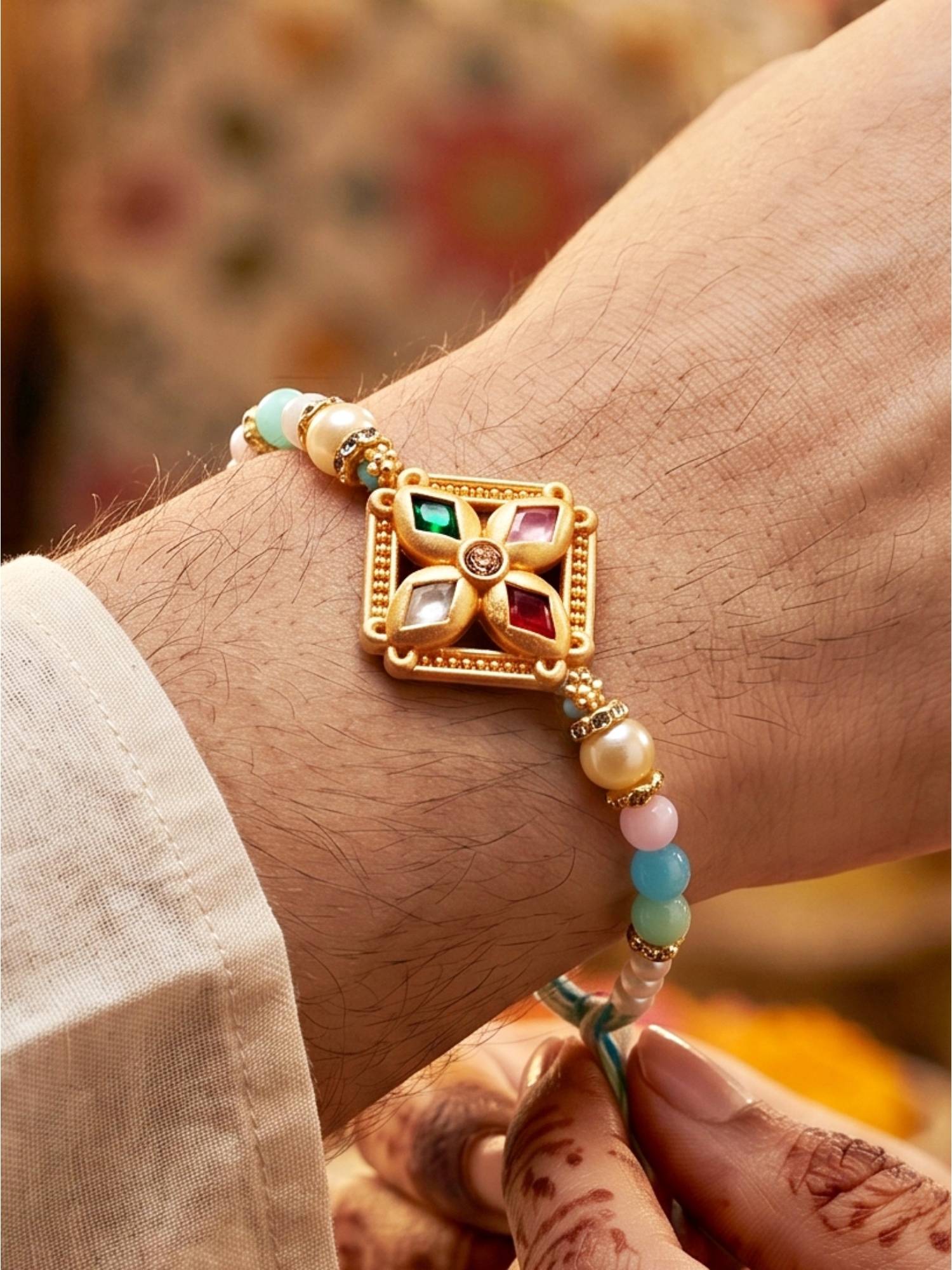 LUCKY JEWELLERY Designer Multi-Colour Floral Stone Pastel Beaded Rakhi for Brother Roli Chawal Card