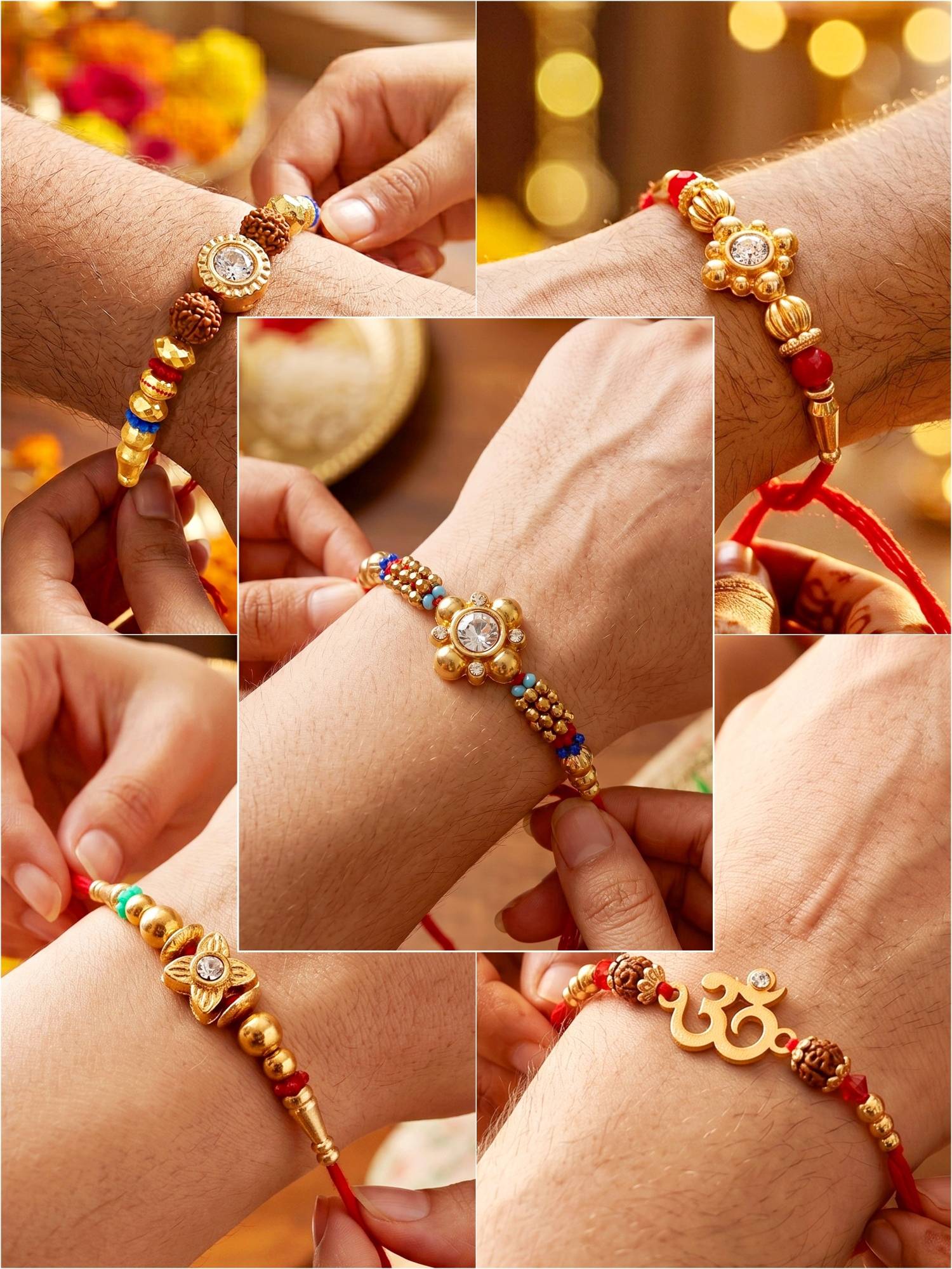 LUCKY JEWELLERY Floral and Om Centrepieces, Gold-Tone Beads, Roli Chawal (Pack of 5)