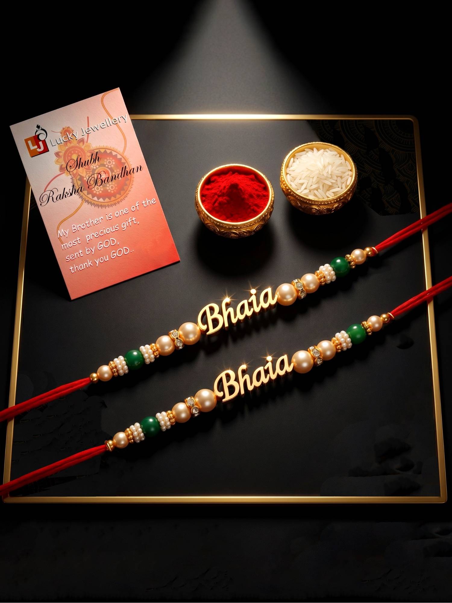 LUCKY JEWELLERY Gold Bhaiya Rakhi Green Beads, Roli Chawal and Card (Pack of 2)
