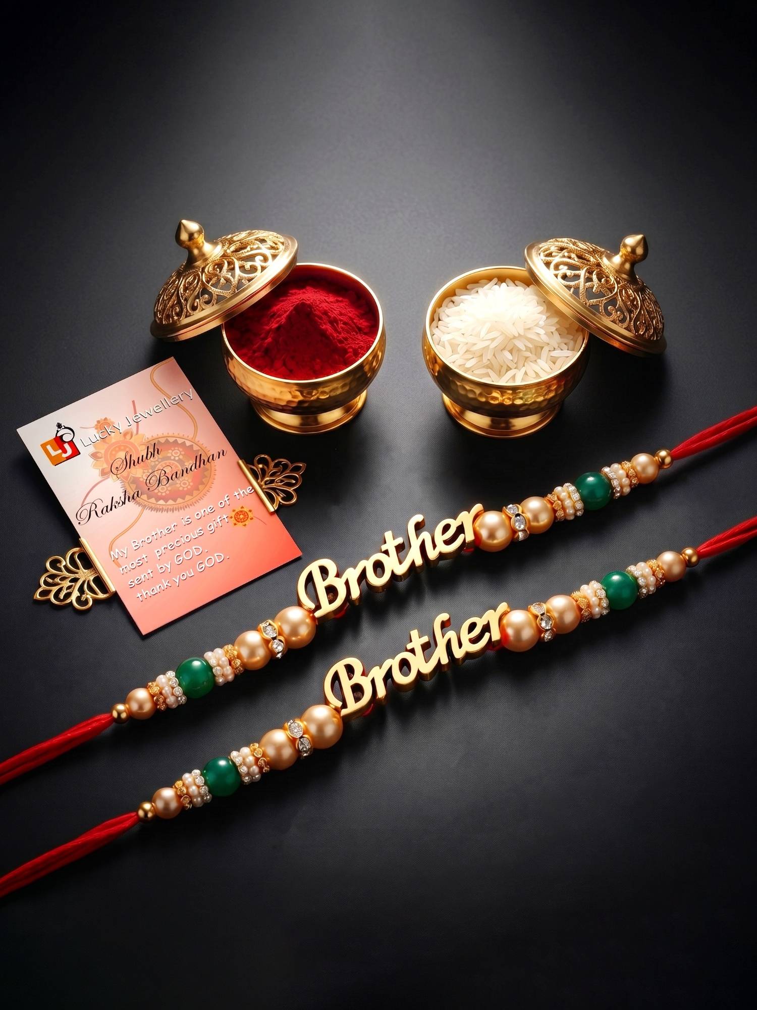 LUCKY JEWELLERY Gold Green Beads Brother Rakhi with Roli Chawal and Card (Pack of 2)