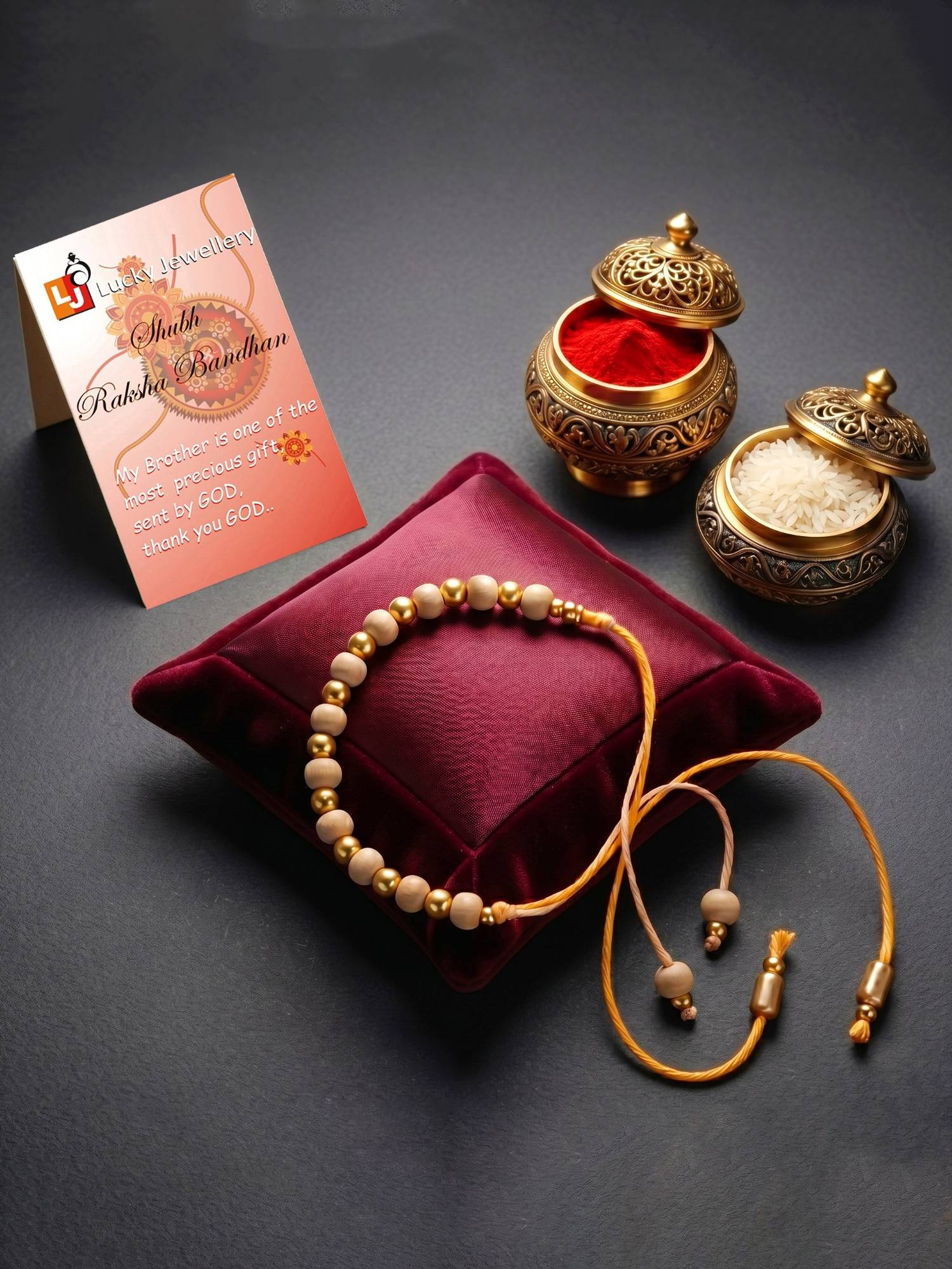 LUCKY JEWELLERY Tulsi Beads Rakhi for Brother Gold Accents Roli Chawal