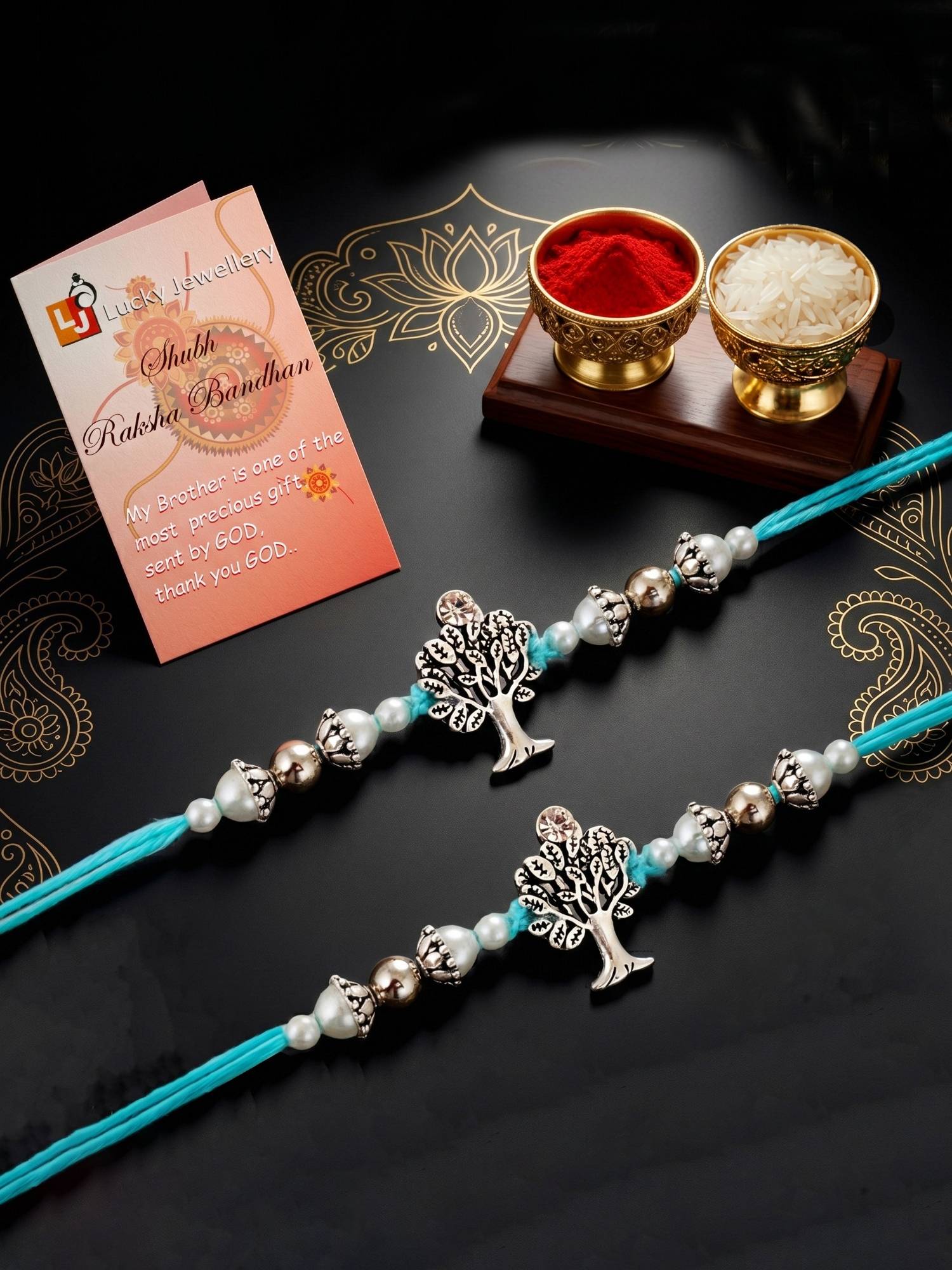 LUCKY JEWELLERY Silver Tree Of Life Rakhi White Beads with Roli Chawal Card (Pack of 2)