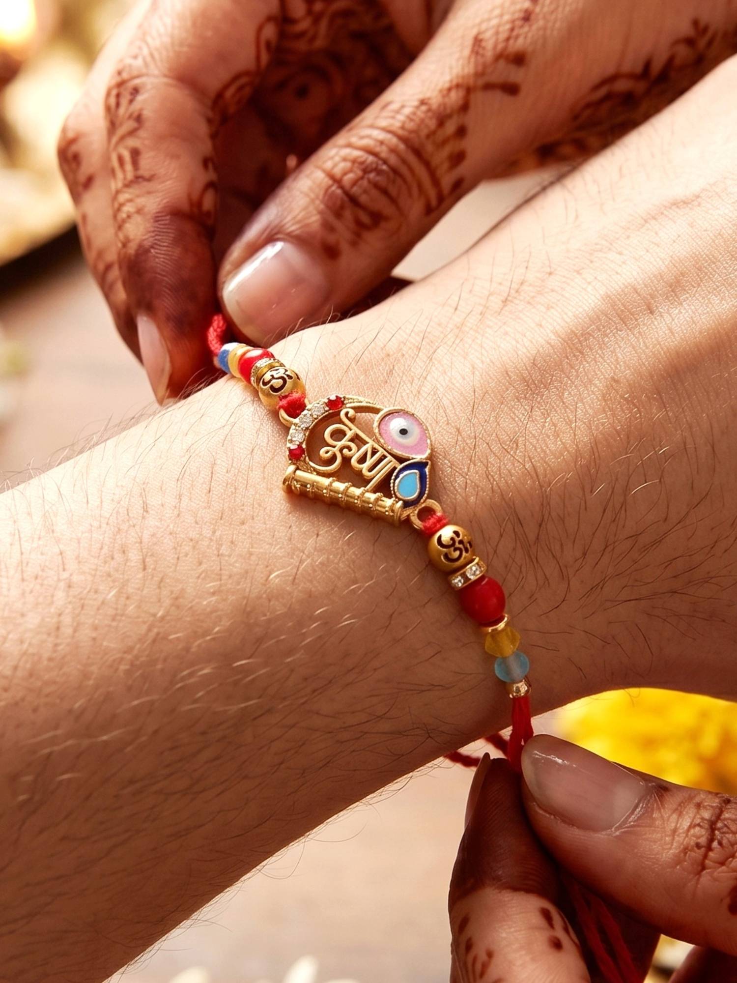 LUCKY JEWELLERY Divine Krishna Bansuri Beaded Rakhi For Brother With Roli Chawal and Card