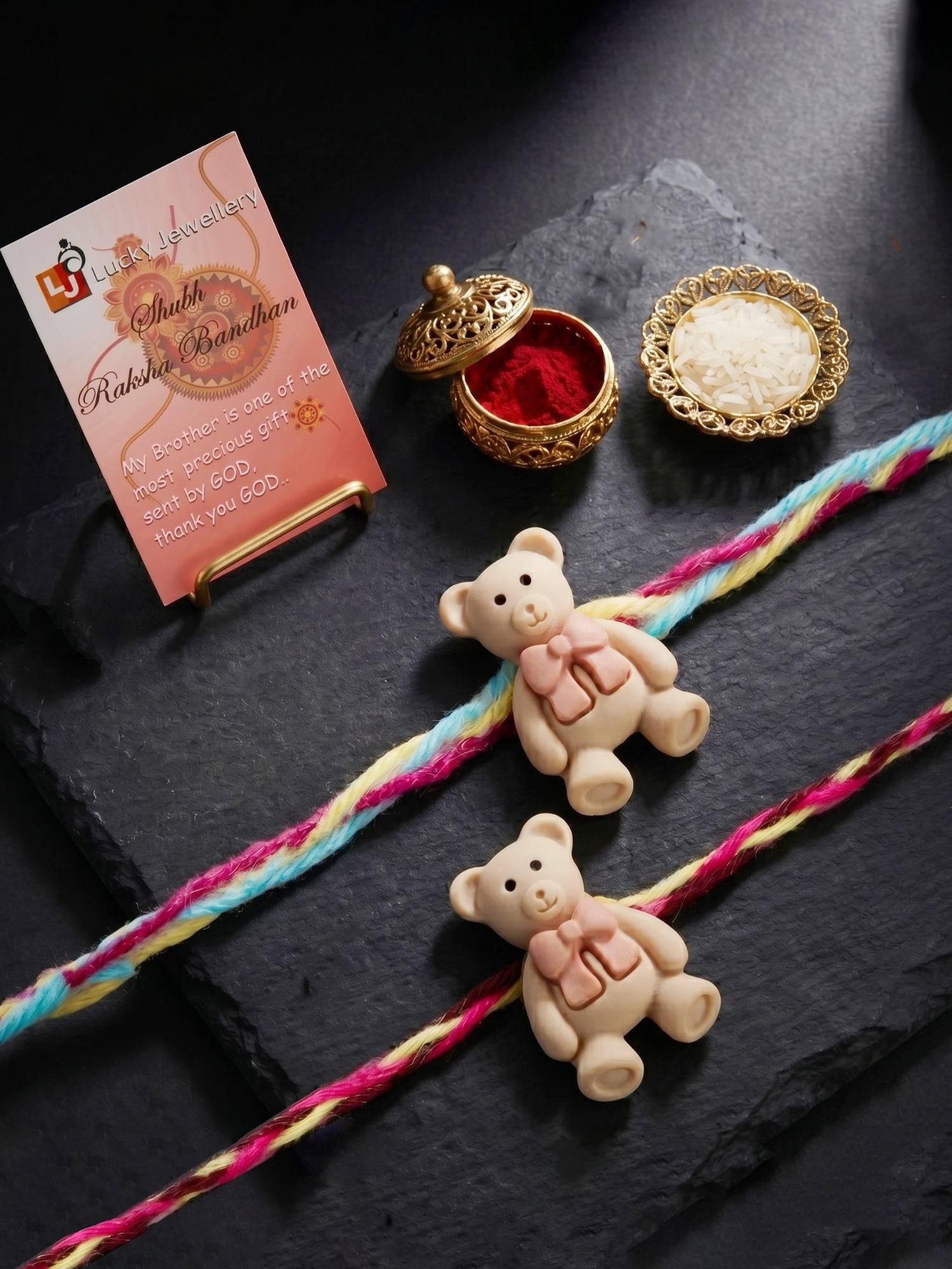 LUCKY JEWELLERY Cute Teddy Bear Kids Rakhi Colourful Thread with Roli Chawal (Pack of 2)