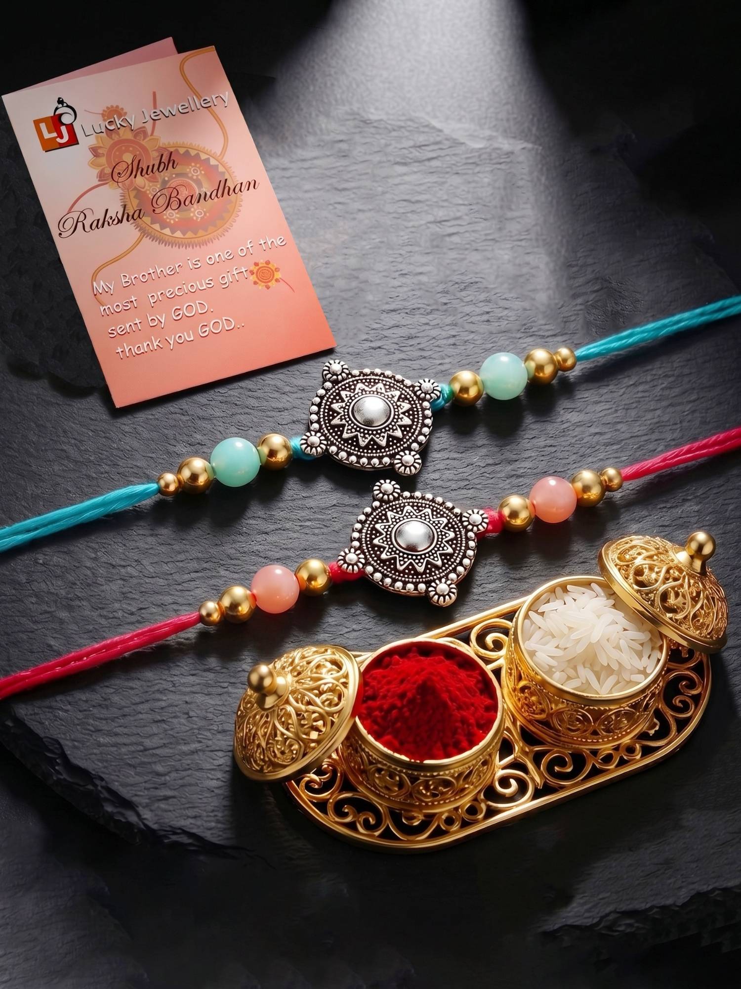 LUCKY JEWELLERY Oxidised Silver Mandala Pastel Beads Rakhi with Roli Chawal (Pack of 2)