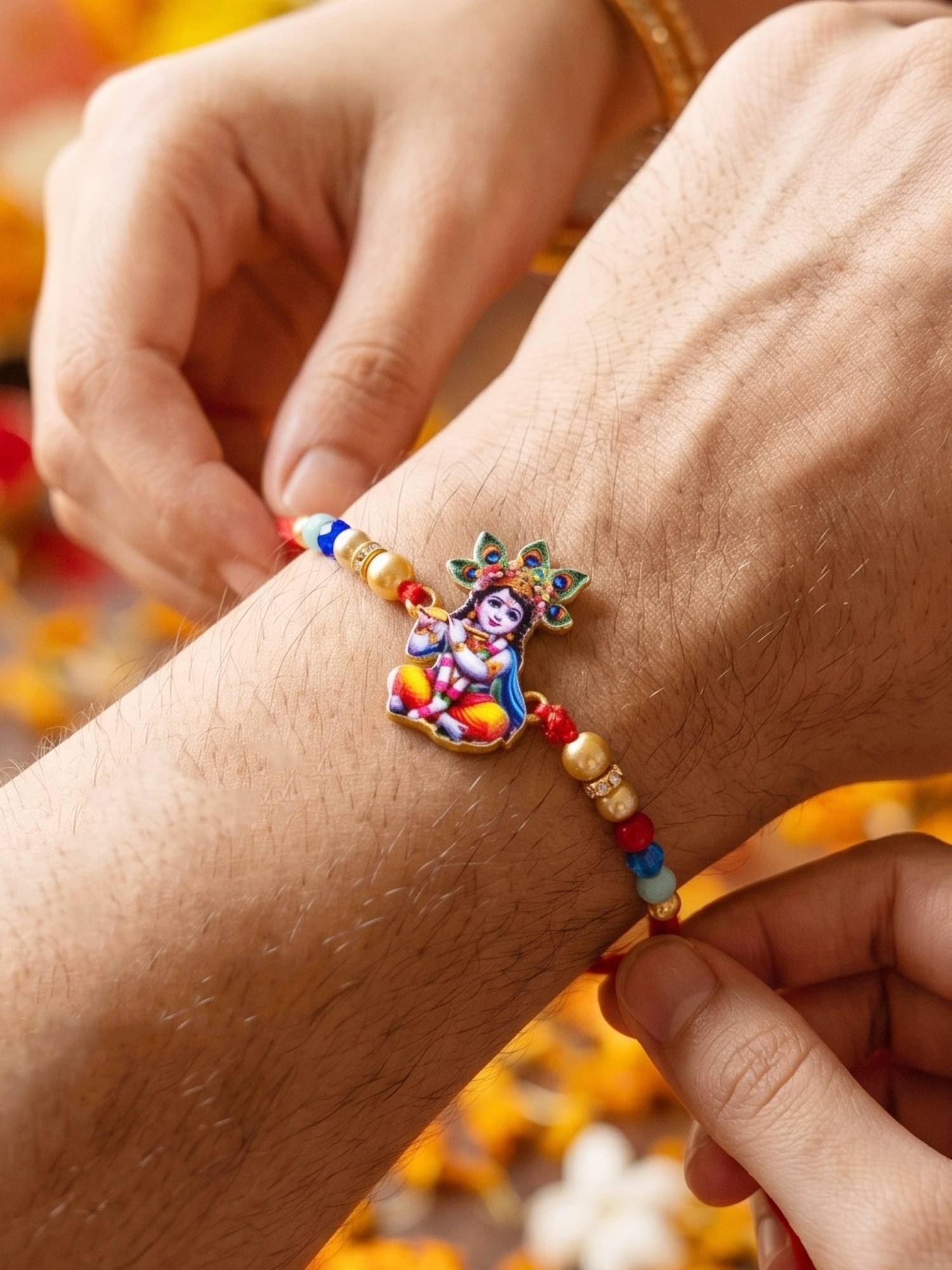 LUCKY JEWELLERY Spiritual Little Krishna Beaded Rakhi Set For Raksha Bandhan
