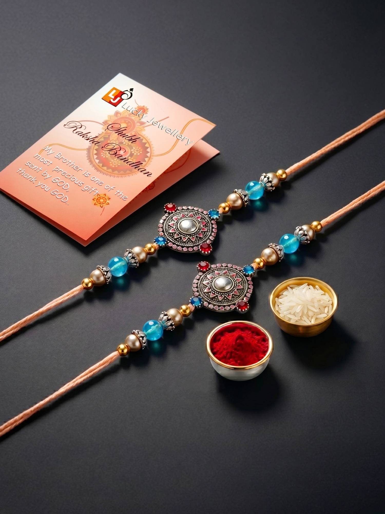 LUCKY JEWELLERY Oxidised Mandala Silver Blue Beads Rakhi for Brother (Pack of 2)