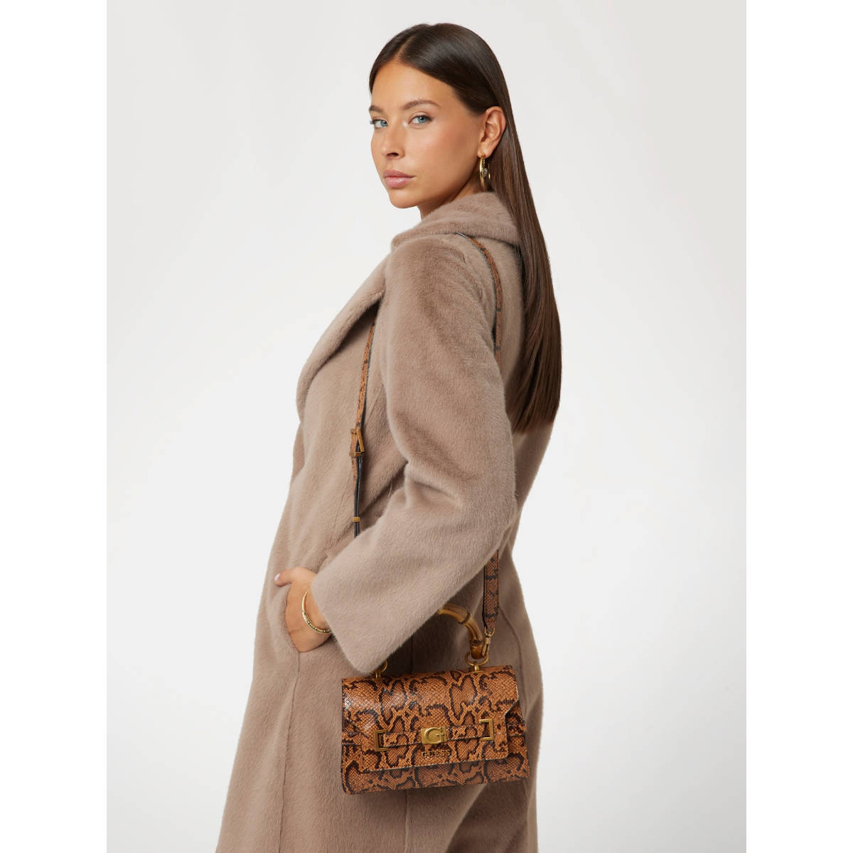Guess Brown Animal Print Sibel Tri Comp Top Handle Flap Bag with Detachable Strap