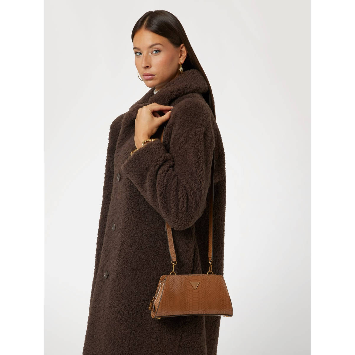 Guess Brown Textured Annita Crossbody Top Zip Bag with Detachable Strap