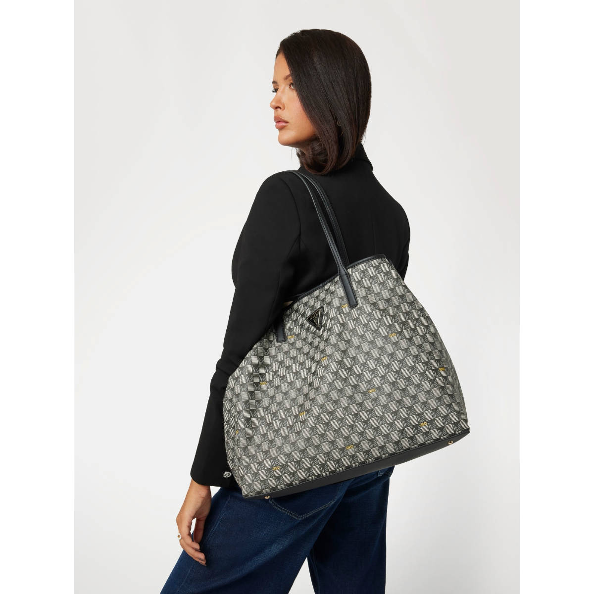 Guess Black Logo Printed Wave Shoulder Bag with Pouch (Set of 2)