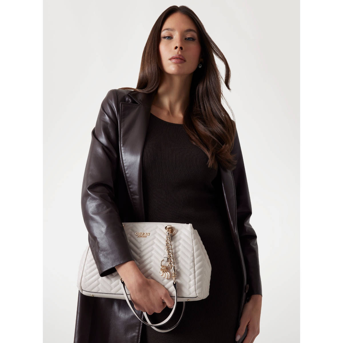 Guess Stone Grey Textured Anning Shoulder Bag