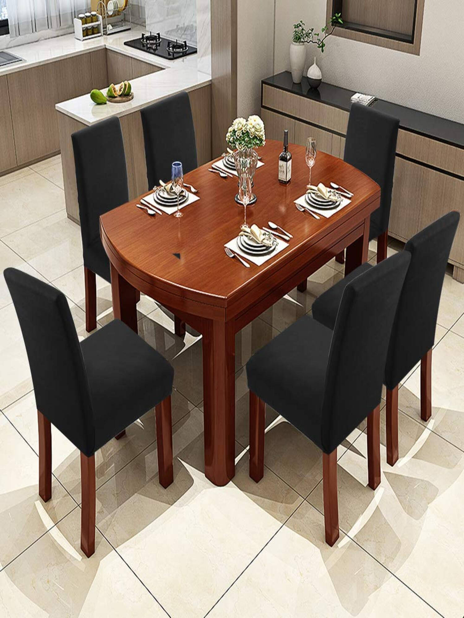 House of Quirk Black Stretch Removable Washable Short Dining Chair Covers (Pack of 6)