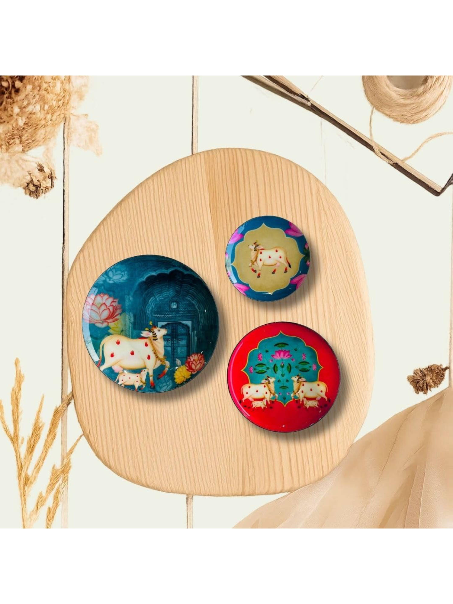 Ritualistic Pichwai Art Metal Fridge Magnets Stylish Fridge Magnet (Set of 3)