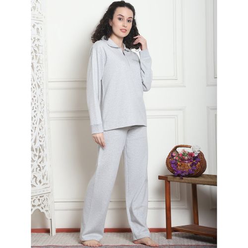 Kanvin Women Winter Solid Grey Top with Pajama (Set of 2) (M)