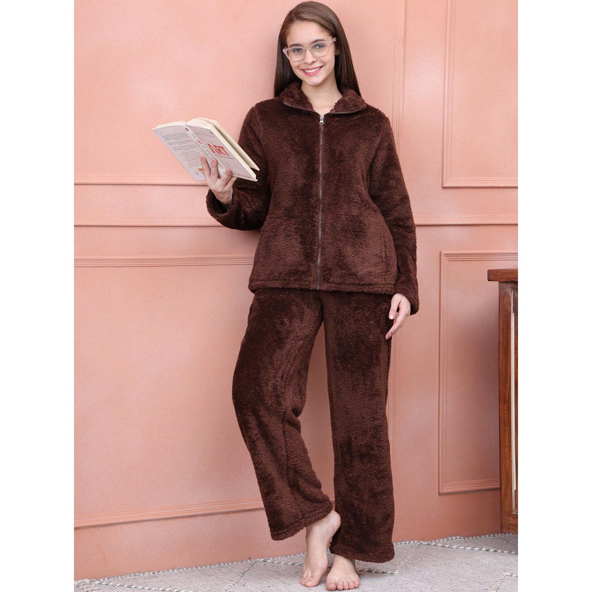 Buy Kanvin Women Winter Textured Brown Jacket with Pajama (Set of