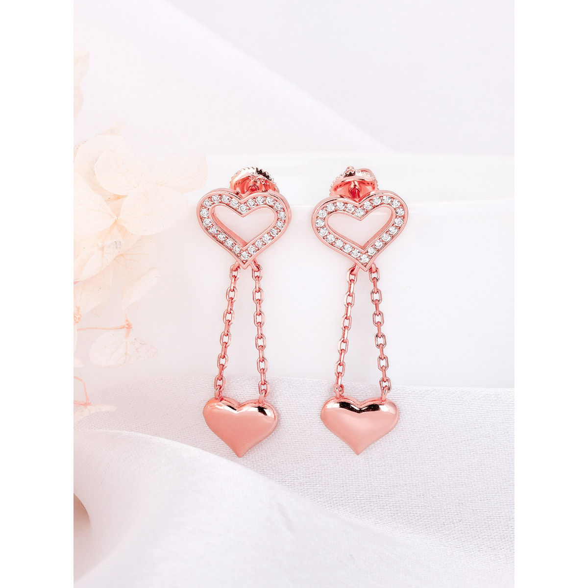GIVA Sterling Silver Rose Gold Dangling Hearts Earrings