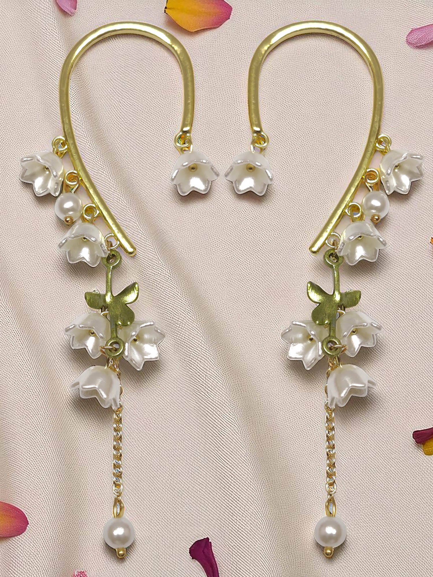 OOMPH Women Gold Tone Floral Pearl Tassels Ear Cuff Earrings